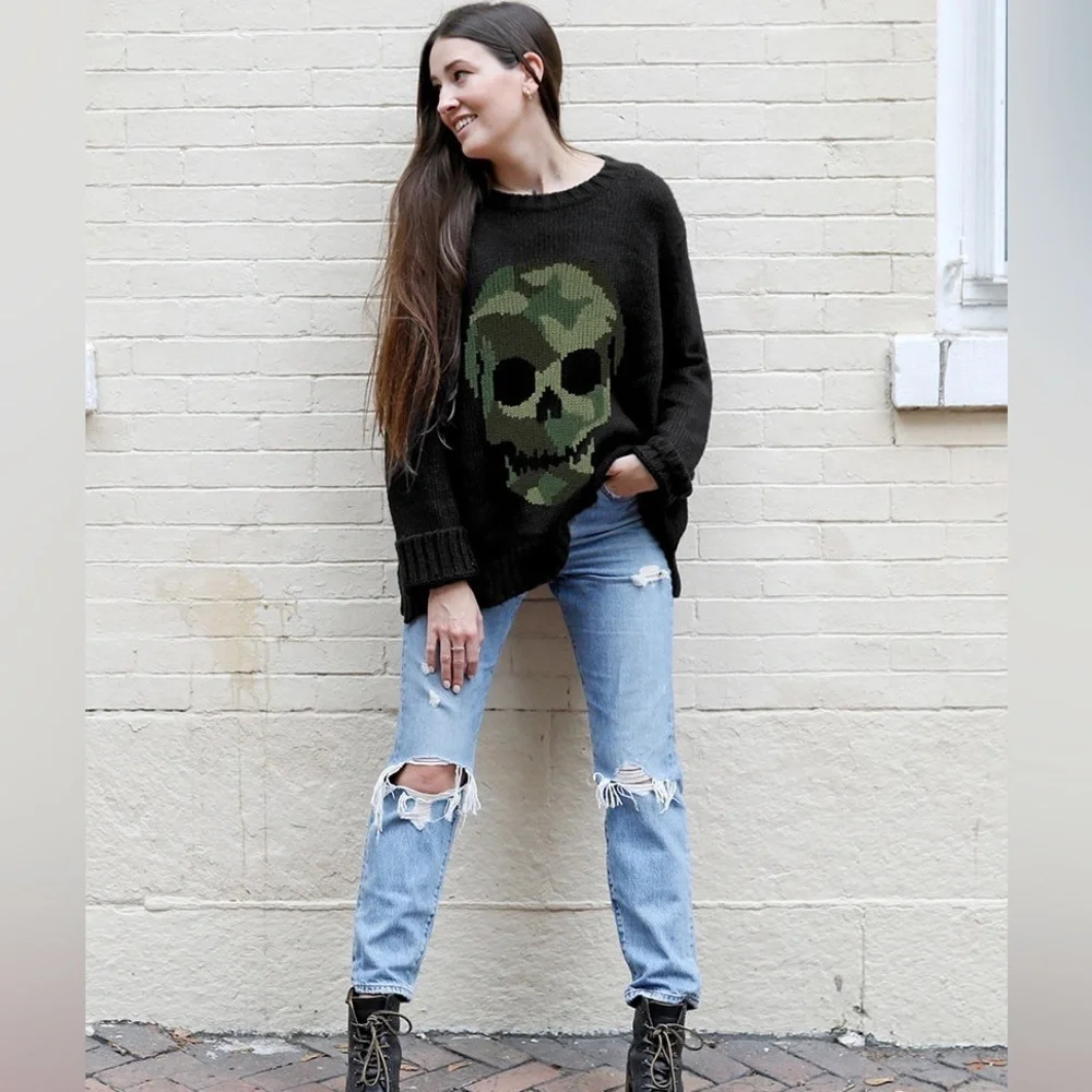 Wooden Ships Camo Skull Crew Chunky Sweater Size S/M